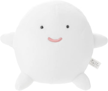 White plush toy with a smiling face on a white background . 君たちはどう生きるか	The Boy and the Heron © 2023 Hayao Miyazaki/Studio Ghibli
